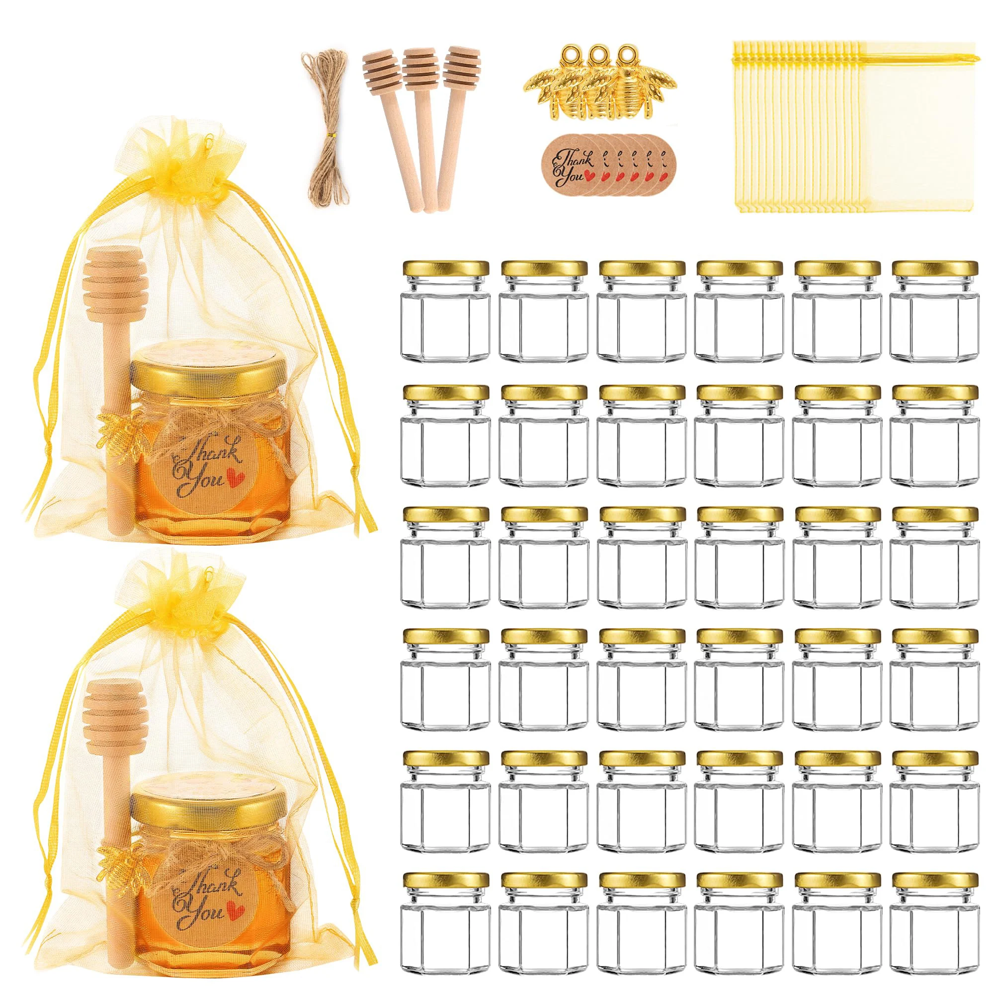 1.5オンスの六角形ミニガラス製ハニーポット、木製ディッパー - Candle Making Event のレビューと価格