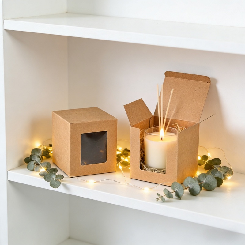 茶色のクラフト紙箱、PVC窓付き、環境に優しい折りたたみ式ギ - Kraft Box Candle のレビューと価格